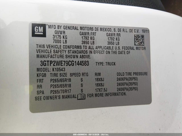 2012 Gmc Sierra 1500 Slt მანქანა იყიდება აუქციონზე, vin: 3GTP2WE79CG144583, აუქციონის ნომერი: 45096534