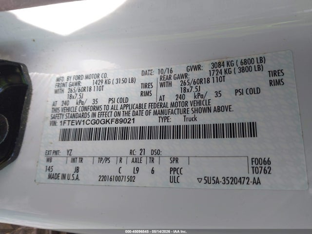 Aukcja sprzedaży 2016 Ford F-150 Xlt, vin: 1FTEW1CG0GKF89021, numer aukcji: 45096545