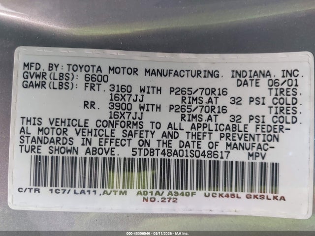 Продаж на аукціоні авто 2001 Toyota Sequoia Limited V8, vin: 5TDBT48A01S048617, номер лоту: 45096546