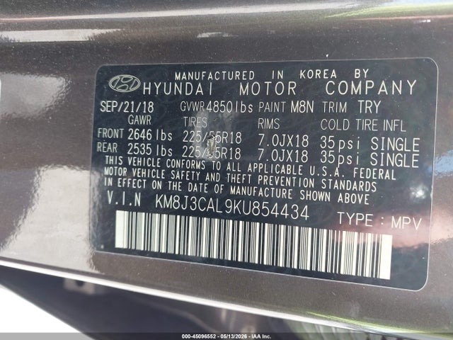 45096552 :رقم المزاد ، KM8J3CAL9KU854434 vin ، 2019 Hyundai Tucson Limited مزاد بيع