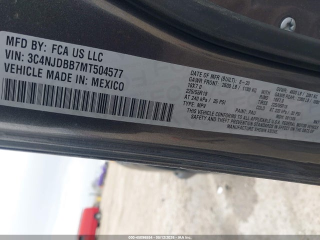 45096554 :رقم المزاد ، 3C4NJDBB7MT504577 vin ، 2021 Jeep Compass Altitude 4x4 مزاد بيع