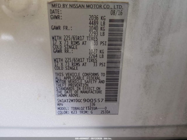 2016 Nissan Rogue S/sl/sv მანქანა იყიდება აუქციონზე, vin: 5N1AT2MT0GC900557, აუქციონის ნომერი: 45096557