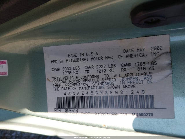 Продаж на аукціоні авто 2003 Mitsubishi Eclipse Spyder Gs, vin: 4A3AE45GX3E021249, номер лоту: 45096590