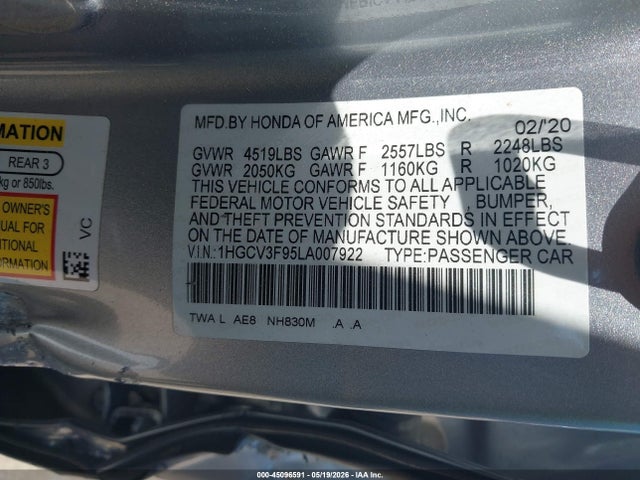 Aukcja sprzedaży 2020 Honda Accord Hybrid Touring, vin: 1HGCV3F95LA007922, numer aukcji: 45096591