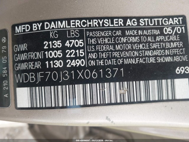 Aukcja sprzedaży 2001 Mercedes-benz E 430, vin: WDBJF70J31X061371, numer aukcji: 45096597