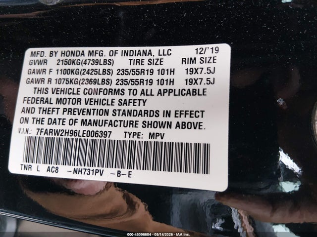 2020 Honda Cr-v Awd Touring მანქანა იყიდება აუქციონზე, vin: 7FARW2H96LE006397, აუქციონის ნომერი: 45096604