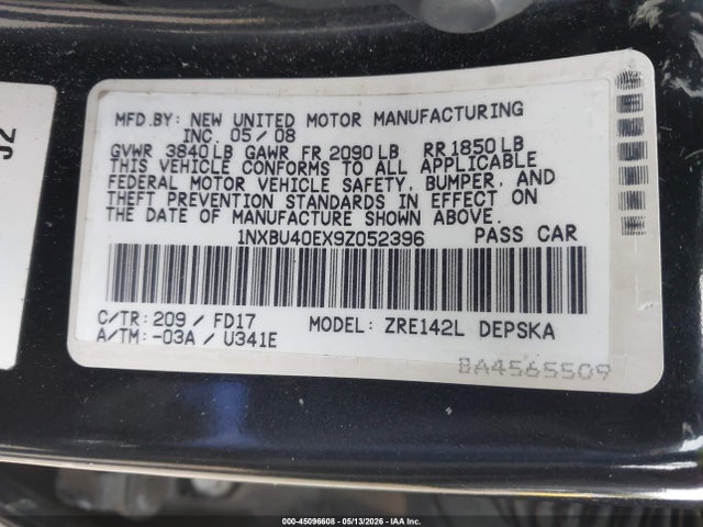 Aukcja sprzedaży 2009 Toyota Corolla S, vin: 1NXBU40EX9Z052396, numer aukcji: 45096608