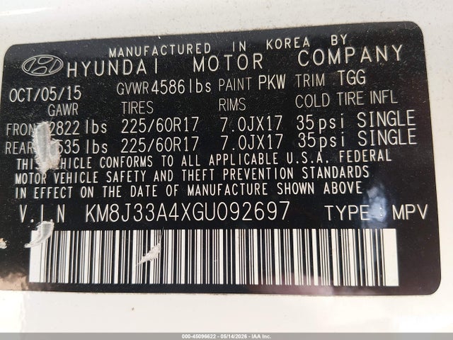 Aukcja sprzedaży 2016 Hyundai Tucson Se, vin: KM8J33A4XGU092697, numer aukcji: 45096622