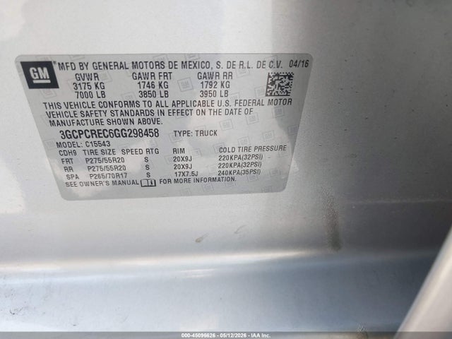 Продаж на аукціоні авто 2016 Chevrolet Silverado 1500 1lt, vin: 3GCPCREC6GG298458, номер лоту: 45096626