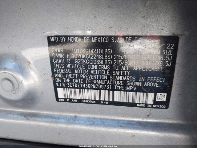 3CZRZ1H36PM709731 Honda Hr-v 2wd Lx