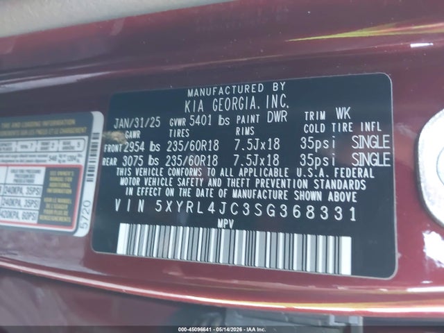 45096641 :رقم المزاد ، 5XYRL4JC3SG368331 vin ، 2025 Kia Sorento S مزاد بيع