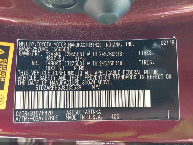 Aukcja sprzedaży 2018 Toyota Highlander Le, vin: 5TDZARFH5JS035539, numer aukcji: 45096647