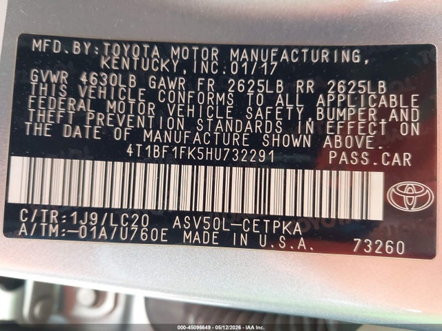 45096649 :رقم المزاد ، 4T1BF1FK5HU732291 vin ، 2017 Toyota Camry Xse مزاد بيع
