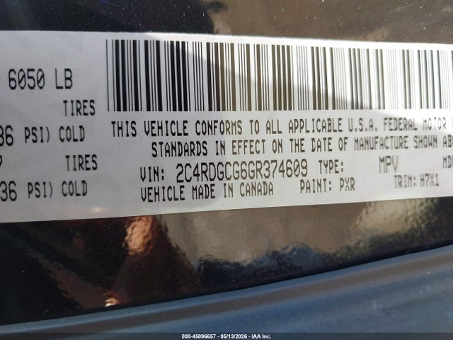 45096657 :رقم المزاد ، 2C4RDGCG6GR374609 vin ، 2016 Dodge Grand Caravan Sxt مزاد بيع