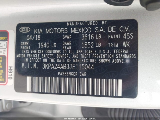2018 Kia Rio S მანქანა იყიდება აუქციონზე, vin: 3KPA24AB3JE115044, აუქციონის ნომერი: 45096670