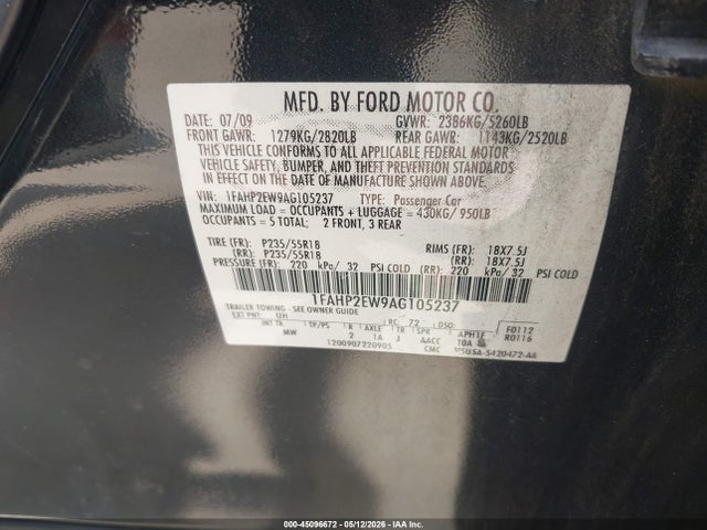 Aukcja sprzedaży 2010 Ford Taurus Sel, vin: 1FAHP2EW9AG105237, numer aukcji: 45096672