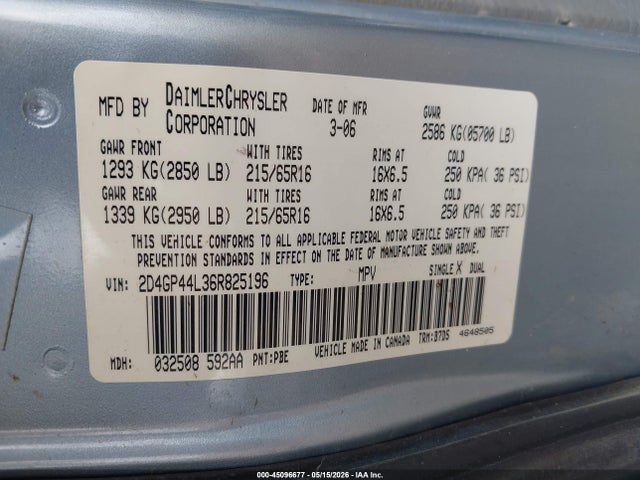 Продажа на аукционе авто 2006 Dodge Grand Caravan Sxt, vin: 2D4GP44L36R825196, номер лота: 45096677