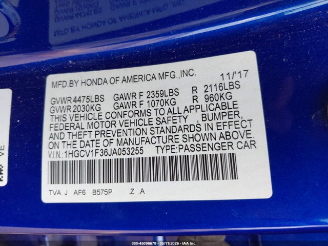 Продаж на аукціоні авто 2018 Honda Accord Sport, vin: 1HGCV1F36JA053255, номер лоту: 45096678