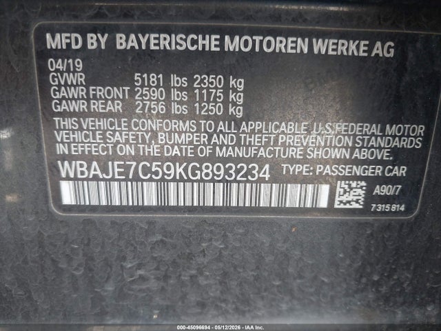 2019 Bmw 540i Xdrive მანქანა იყიდება აუქციონზე, vin: WBAJE7C59KG893234, აუქციონის ნომერი: 45096694