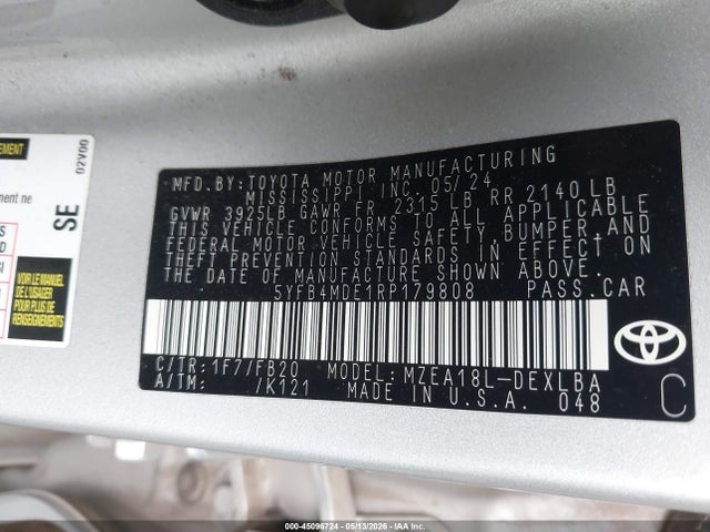 45096724 :رقم المزاد ، 5YFB4MDE1RP179808 vin ، 2024 Toyota Corolla Le مزاد بيع