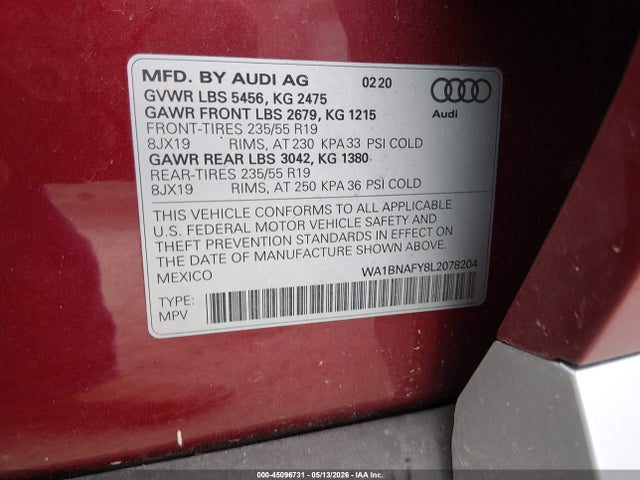 Продажа на аукционе авто 2020 Audi Q5 Premium Plus 45 Tfsi Quattro S Tronic, vin: WA1BNAFY8L2078204, номер лота: 45096731