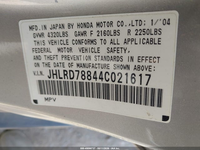 Продаж на аукціоні авто 2004 Honda Cr-v Ex, vin: JHLRD78844C021617, номер лоту: 45096737