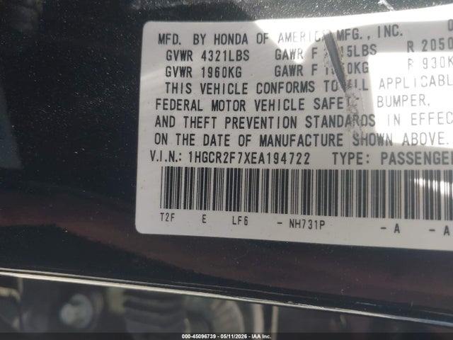 1HGCR2F7XEA194722 Honda ACCORD EX