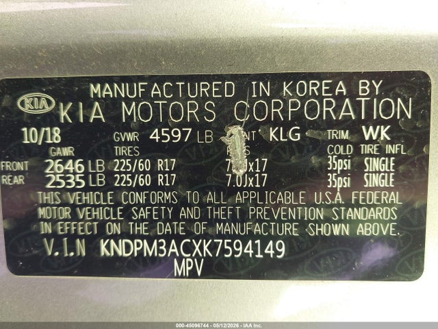 2019 Kia Sportage Lx მანქანა იყიდება აუქციონზე, vin: KNDPM3ACXK7594149, აუქციონის ნომერი: 45096744