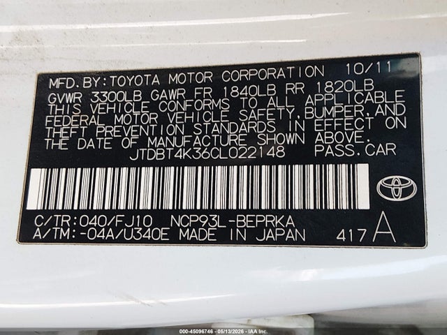 Aukcja sprzedaży 2012 Toyota Yaris, vin: JTDBT4K36CL022148, numer aukcji: 45096746