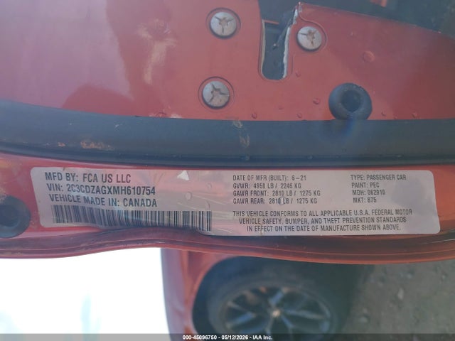 Продажа на аукционе авто 2021 Dodge Challenger Sxt, vin: 2C3CDZAGXMH610754, номер лота: 45096750