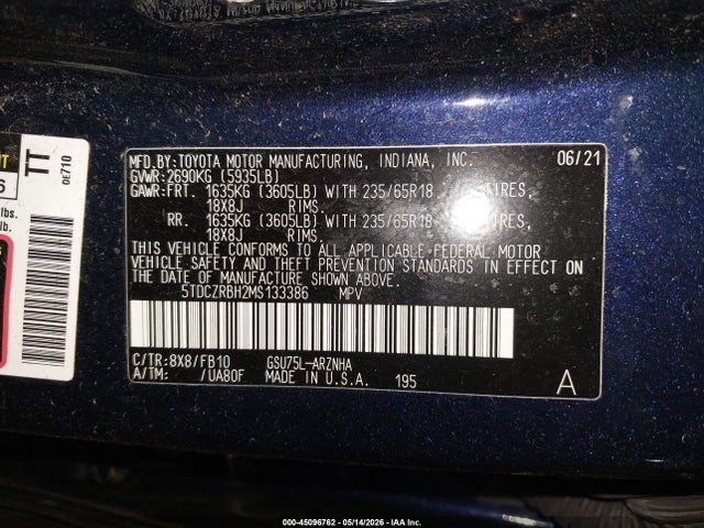 45096762 :رقم المزاد ، 5TDCZRBH2MS133386 vin ، 2021 Toyota Highlander L مزاد بيع