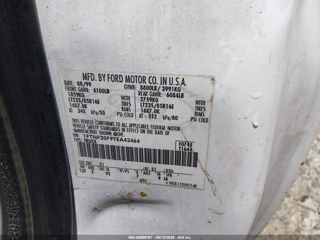 Продажа на аукционе авто 2000 Ford F-250 Lariat/xl/xlt, vin: 1FTNF20F9YEA43464, номер лота: 45096767