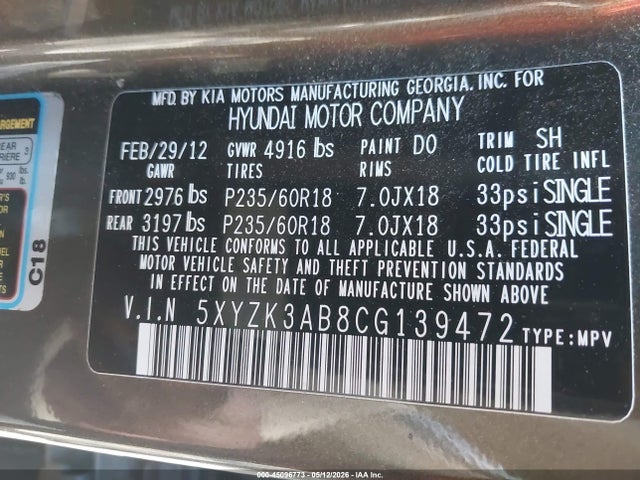 2012 Hyundai Santa Fe Limited მანქანა იყიდება აუქციონზე, vin: 5XYZK3AB8CG139472, აუქციონის ნომერი: 45096773