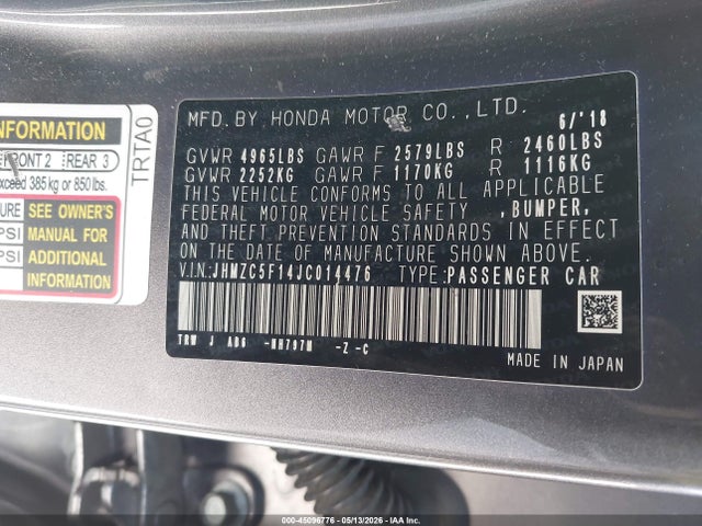 JHMZC5F14JC014476 Honda CLARITY PLUG-IN HYBRID