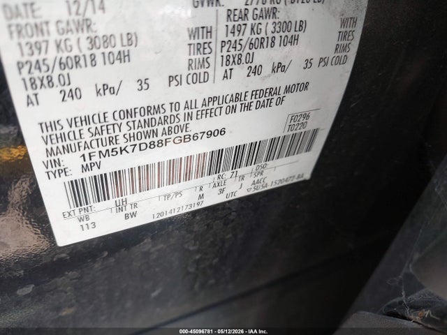 Ford EXPLORER XLT 2015 1FM5K7D88FGB67906 Image 9