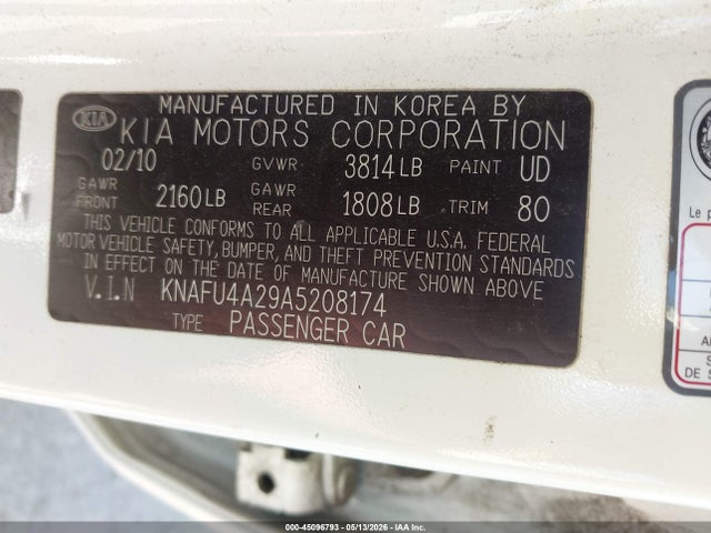 Aukcja sprzedaży 2010 Kia Forte Ex, vin: KNAFU4A29A5208174, numer aukcji: 45096793