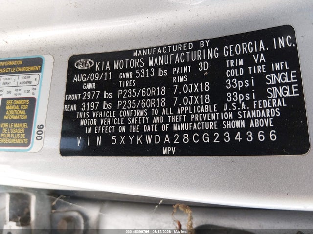 Продаж на аукціоні авто 2012 Kia Sorento Sx V6, vin: 5XYKWDA28CG234366, номер лоту: 45096796