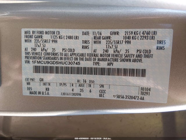 Продажа на аукционе авто 2017 Ford Escape Se, vin: 1FMCU9GD5HUC30745, номер лота: 45096800