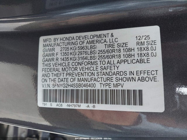 Aukcja sprzedaży 2025 Honda Pilot Ex-l, vin: 5FNYG2H45SB046400, numer aukcji: 45096802