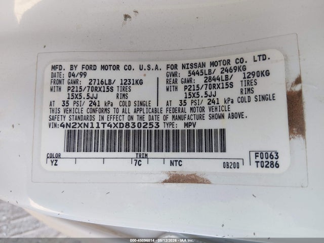 45096814 :رقم المزاد ، 4N2XN11T4XD830253 vin ، 1999 Nissan Quest Gle/gxe/se مزاد بيع