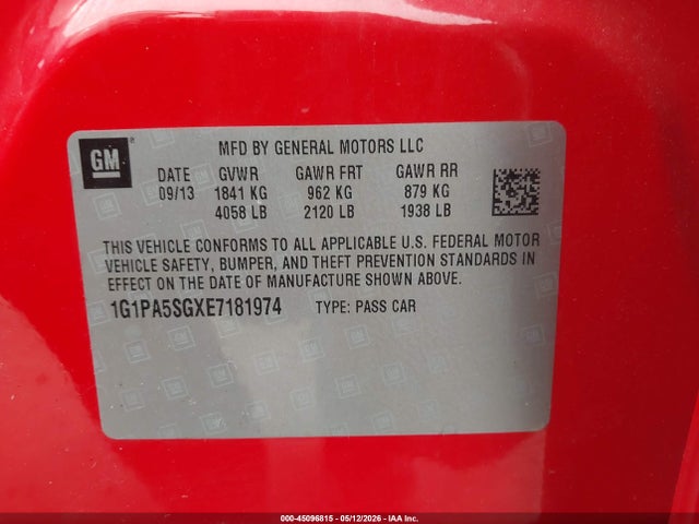 45096815 :رقم المزاد ، 1G1PA5SGXE7181974 vin ، 2014 Chevrolet Cruze Ls Auto مزاد بيع