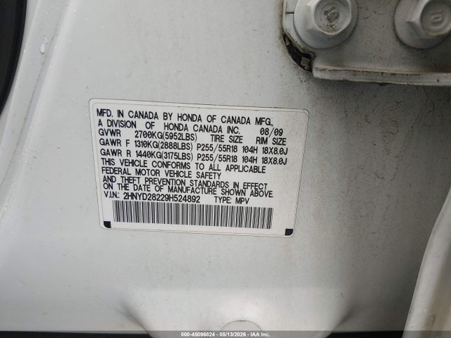 45096824 :رقم المزاد ، 2HNYD28229H524892 vin ، 2009 Acura Mdx مزاد بيع