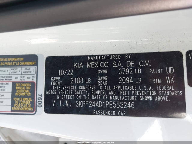 Продажа на аукционе авто 2023 Kia Forte Lx, vin: 3KPF24AD1PE555246, номер лота: 45096831
