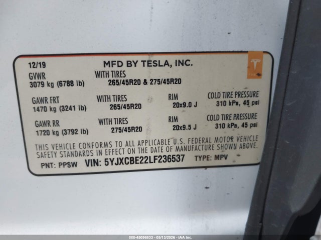 Продаж на аукціоні авто 2020 Tesla Model X Long Range Dual Motor All-wheel Drive/long Range Plus Dual Motor All-wheel Drive, vin: 5YJXCBE22LF236537, номер лоту: 45096833