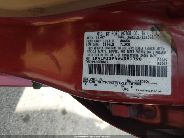 Продаж на аукціоні авто 1997 Ford Escort Lx, vin: 1FALP13P4VW381790, номер лоту: 45096840