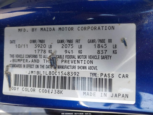 Aukcja sprzedaży 2012 Mazda Mazda3 I Touring, vin: JM1BL1L80C1548392, numer aukcji: 45096848