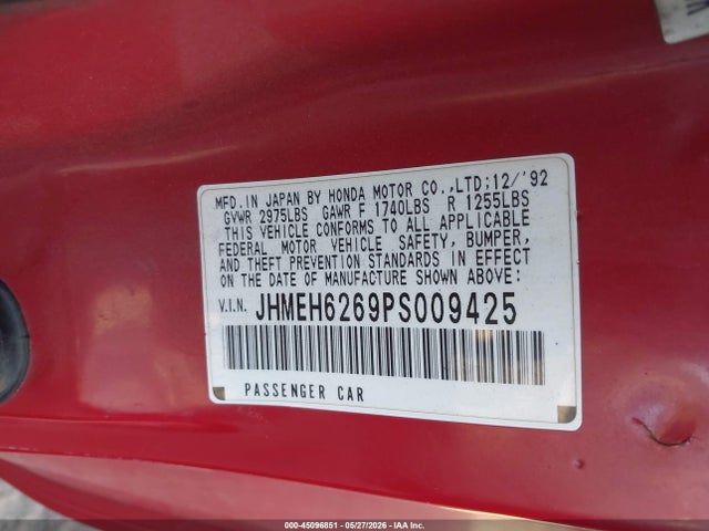 Aukcja sprzedaży 1993 Honda Civic Del Sol Si, vin: JHMEH6269PS009425, numer aukcji: 45096851