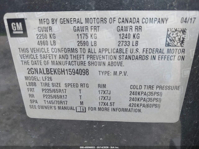 2GNALBEK6H1594098 Chevrolet EQUINOX LS