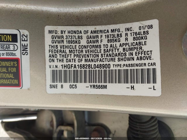 Продаж на аукціоні авто 2008 Honda Civic Ex, vin: 1HGFA16828L048900, номер лоту: 45096863