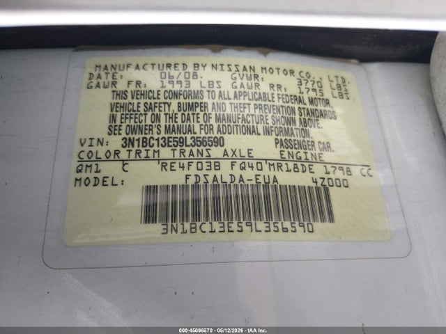 Aukcja sprzedaży 2009 Nissan Versa 1.8s, vin: 3N1BC13E59L356590, numer aukcji: 45096870